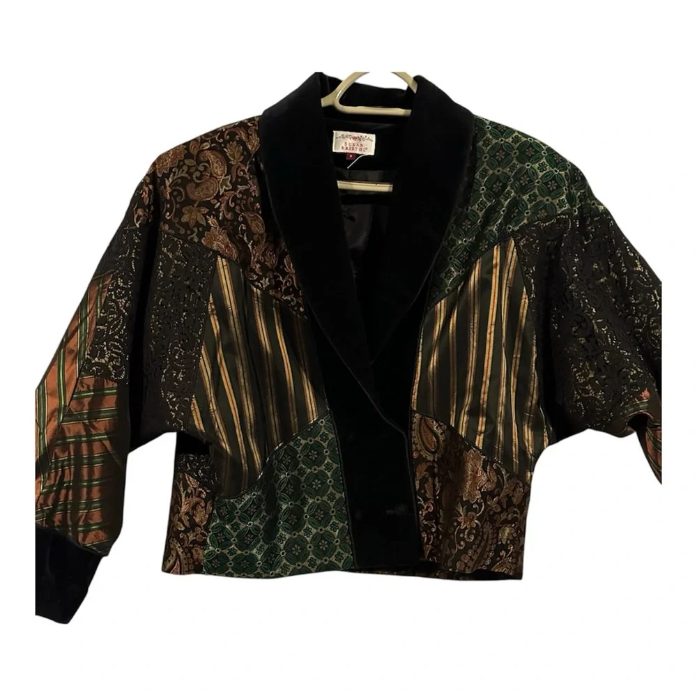 VTG Susan Bristol Patchwork Blazer Jacket Size S Mixed Media Velvet Lace Brocade